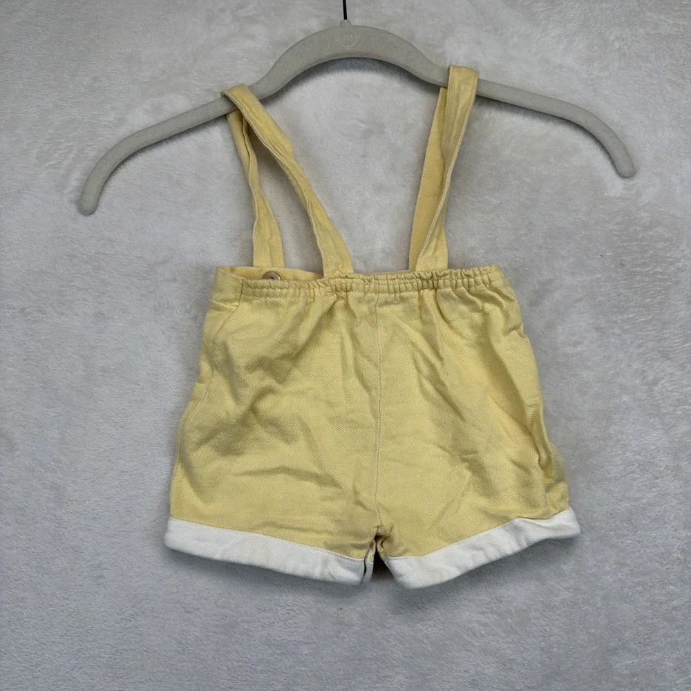 Vintage Baby Yellow Suspender Shortalls Romper White Cuff Snap Crotch Unisex